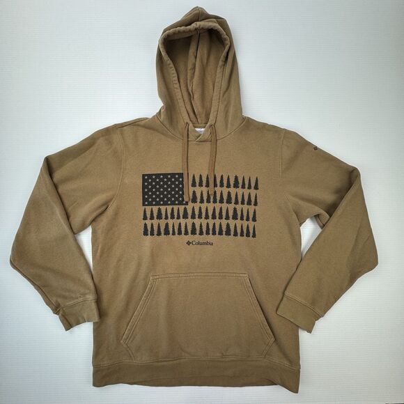 Columbia Trek Graphic Fleece Hoodie Men’s Medium Brown Delta Tree Flag Pullover - Picture 2 of 7